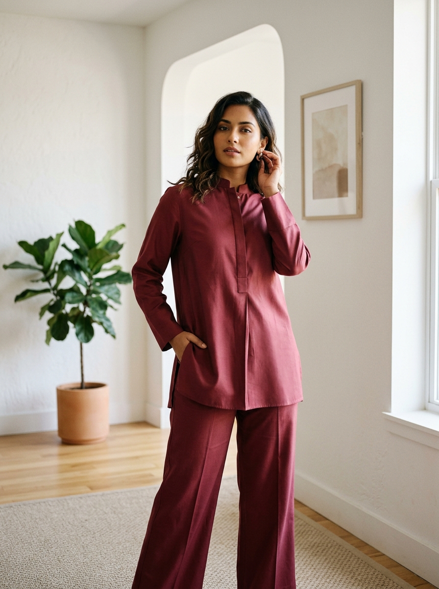 Woman in burgundy co-ord set — The Everyday Edit by Aavya Boutique