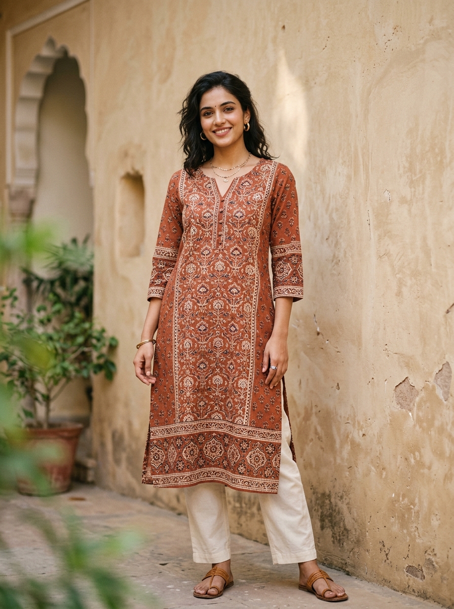 Hand-Blocked Chanderi Kurta main — Aavya Boutique